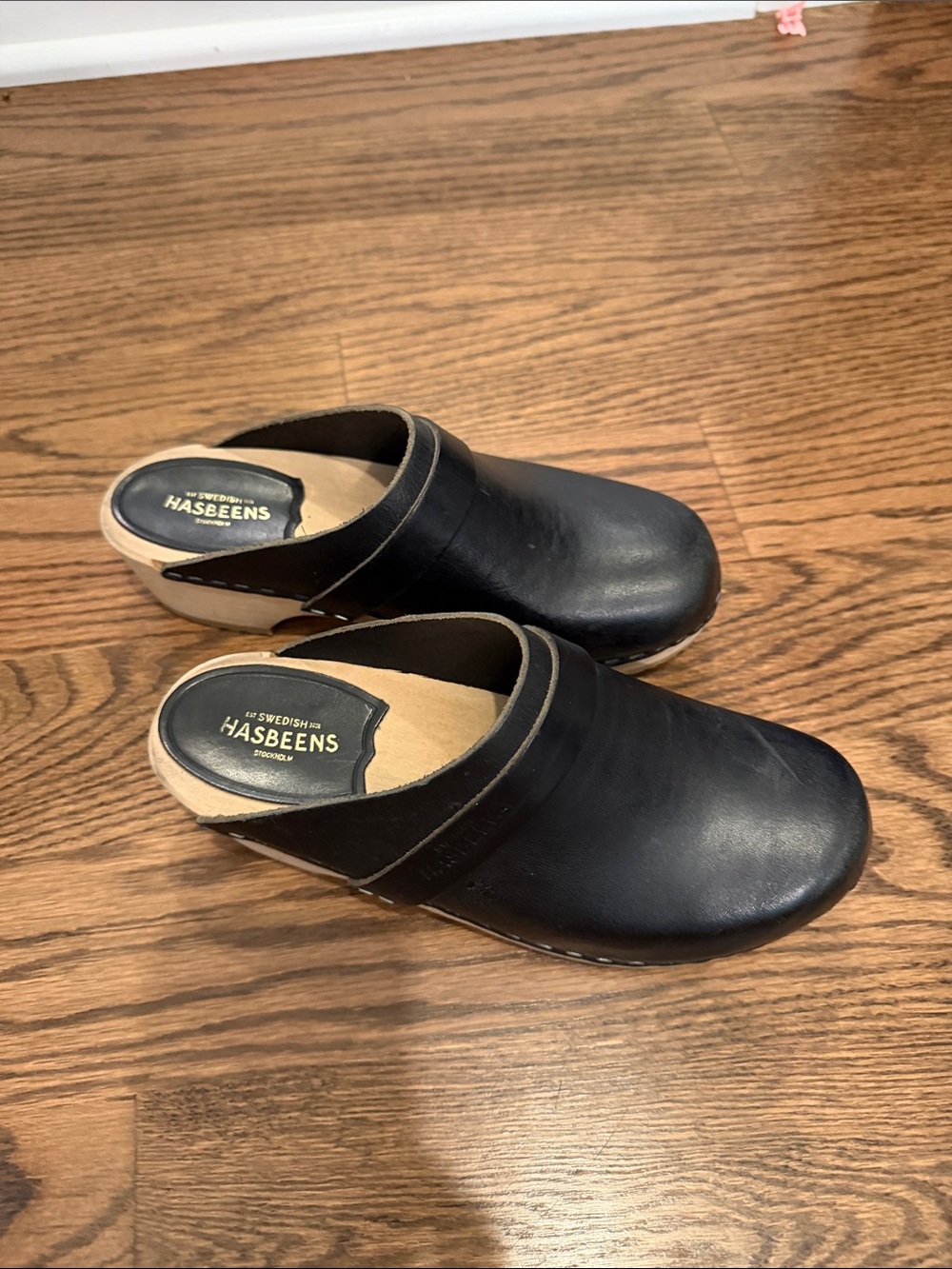 Swedish Hasbeens Black Leather Clog Mules